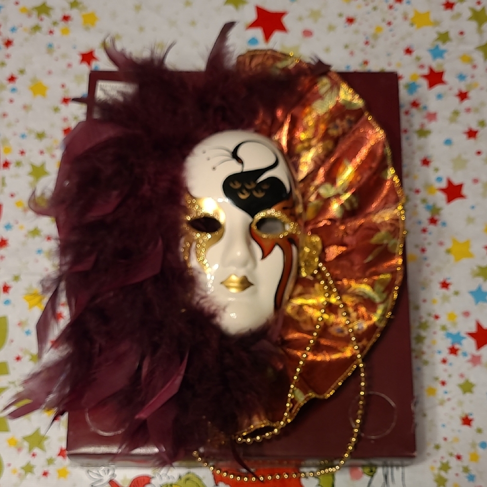 Vintage 80's Elegant Gold and Burgundy Feathered Mask